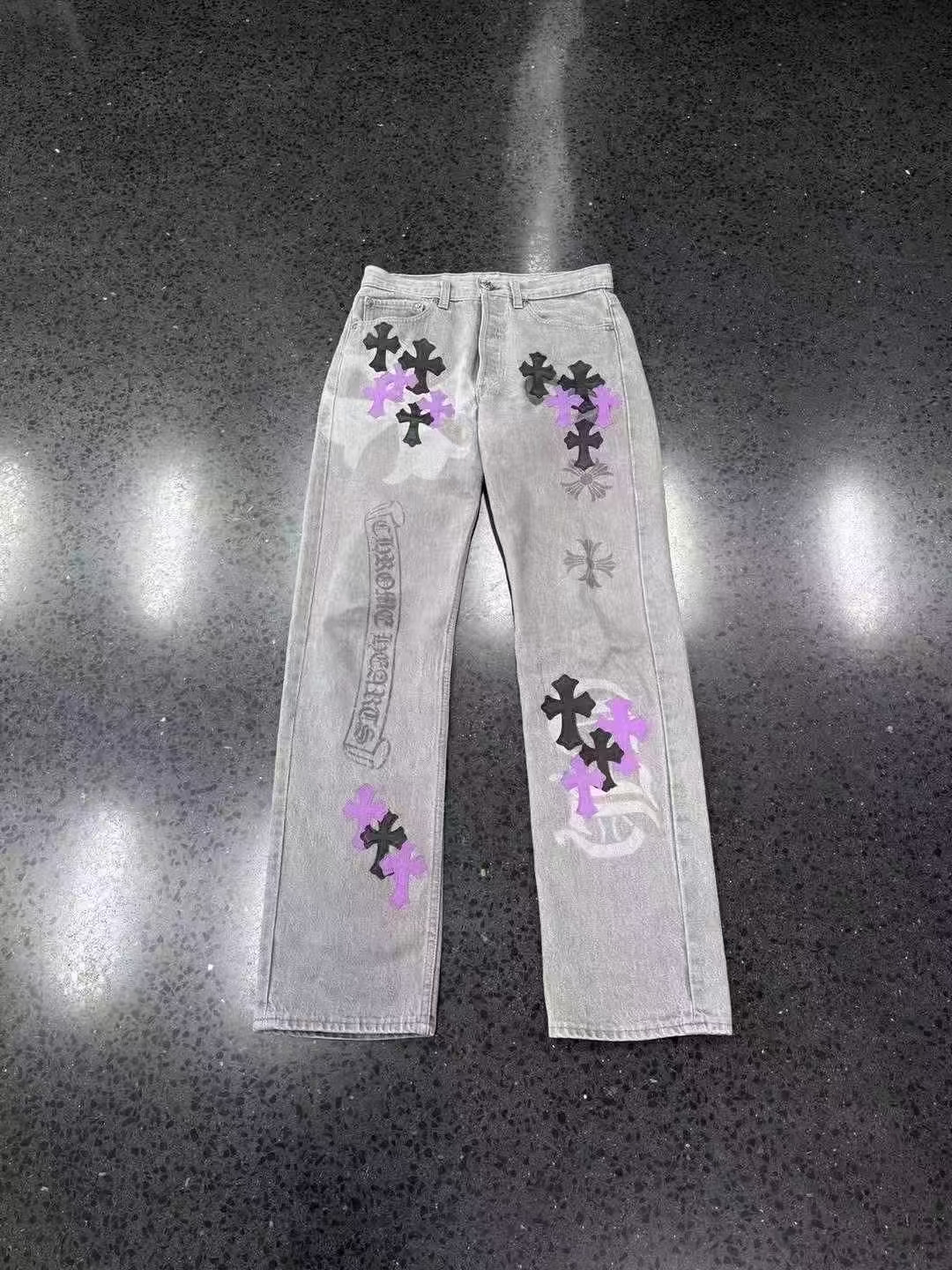 Chrome hearts black purple cross✝️ Leather light wash jeans, image 1