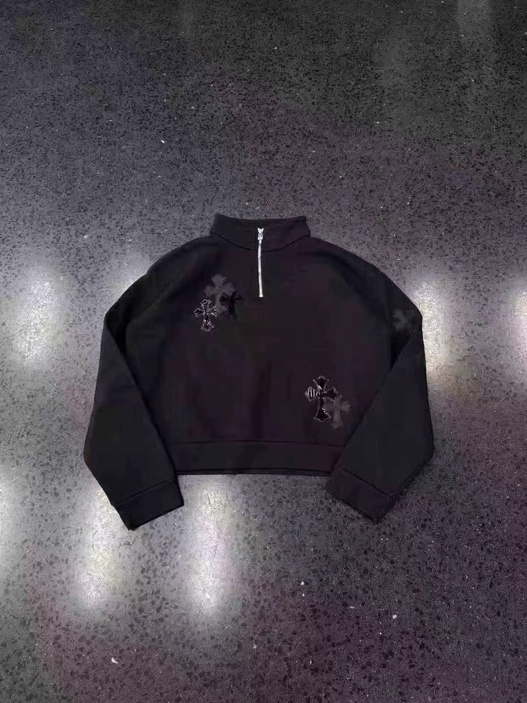 Chrome Hearts cross✝Leather half-zipper sweater black, image 1