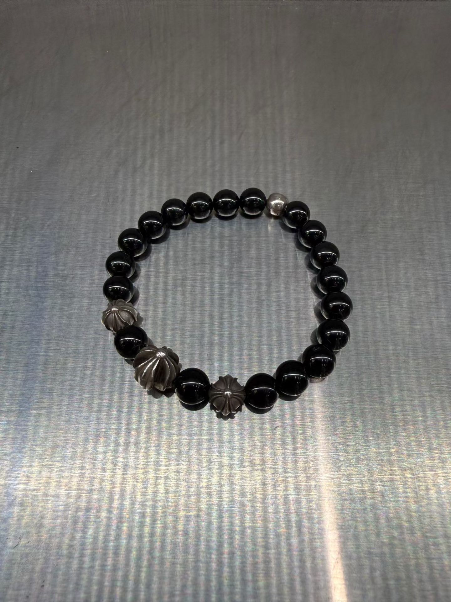 Chrome hearts Croheart 925เงินสี่เม็ดเงินสร้อยข้อมือออบซิเดียน รูปที่ 1