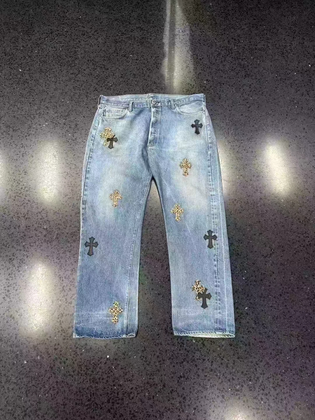 Chrome hearts кро-сердце леопардовый черный крест кожаный Banks частные пользовательские 1 из 1 синие джинсы, изображение 1