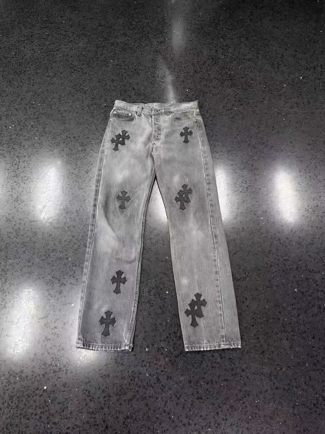Chrome hearts โครเอเชียหัวใจสีดำข้าม✝กางเกงยีนส์สีดำเทาแบบผิวบาง รูปที่ 1