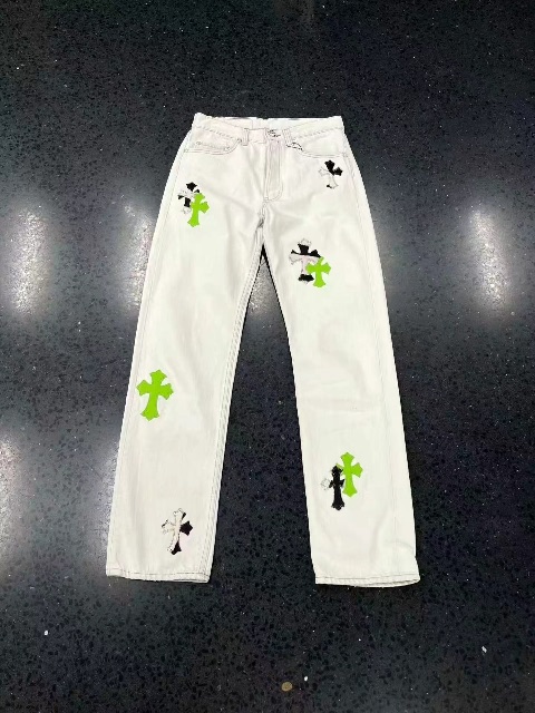 Chrome Hearts Crowheart London Limits Leopard Green Cross✝Faux leather white jeans