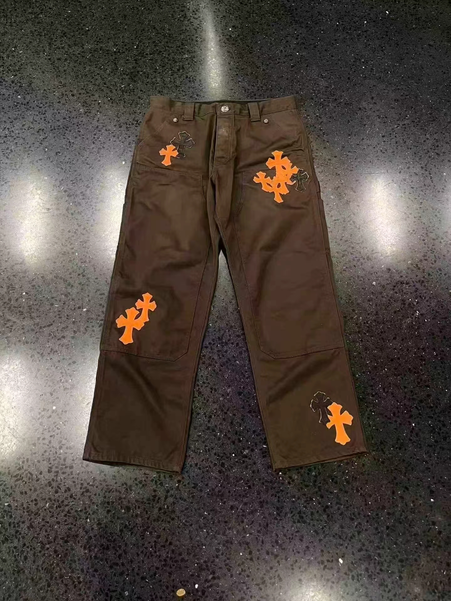 Chrome hearts Крест из апельсиновой корки✝️ Кожаные коричневые карпентовые брюки, изображение 1