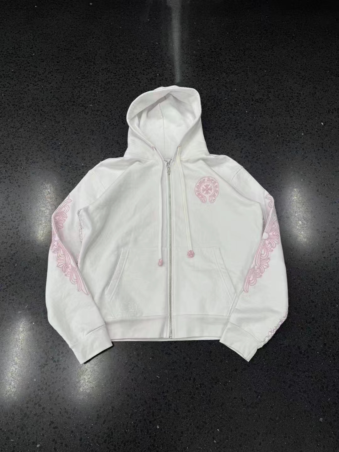 Chrome hearts Crohearts Cannes Limited Beadle Embroidered Zipper Hoodie White Pink รูปที่ 1