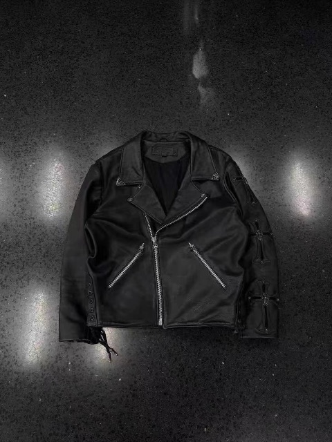 Chrome Hearts ครอส✝เครื่องประดับเงินแบบติดหนังเสื้อแจ็กเก็ตหนังสีดำ