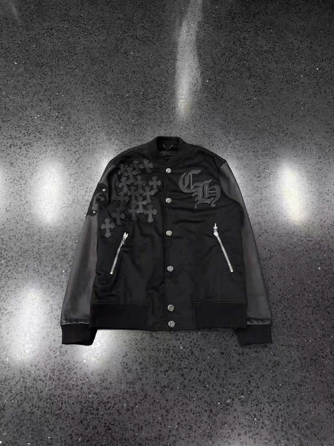 Chrome Hearts ครอส✝️ แจ็คเก็ตเบสบอลหนังเย็บแคชเมียร์ รูปที่ 1
