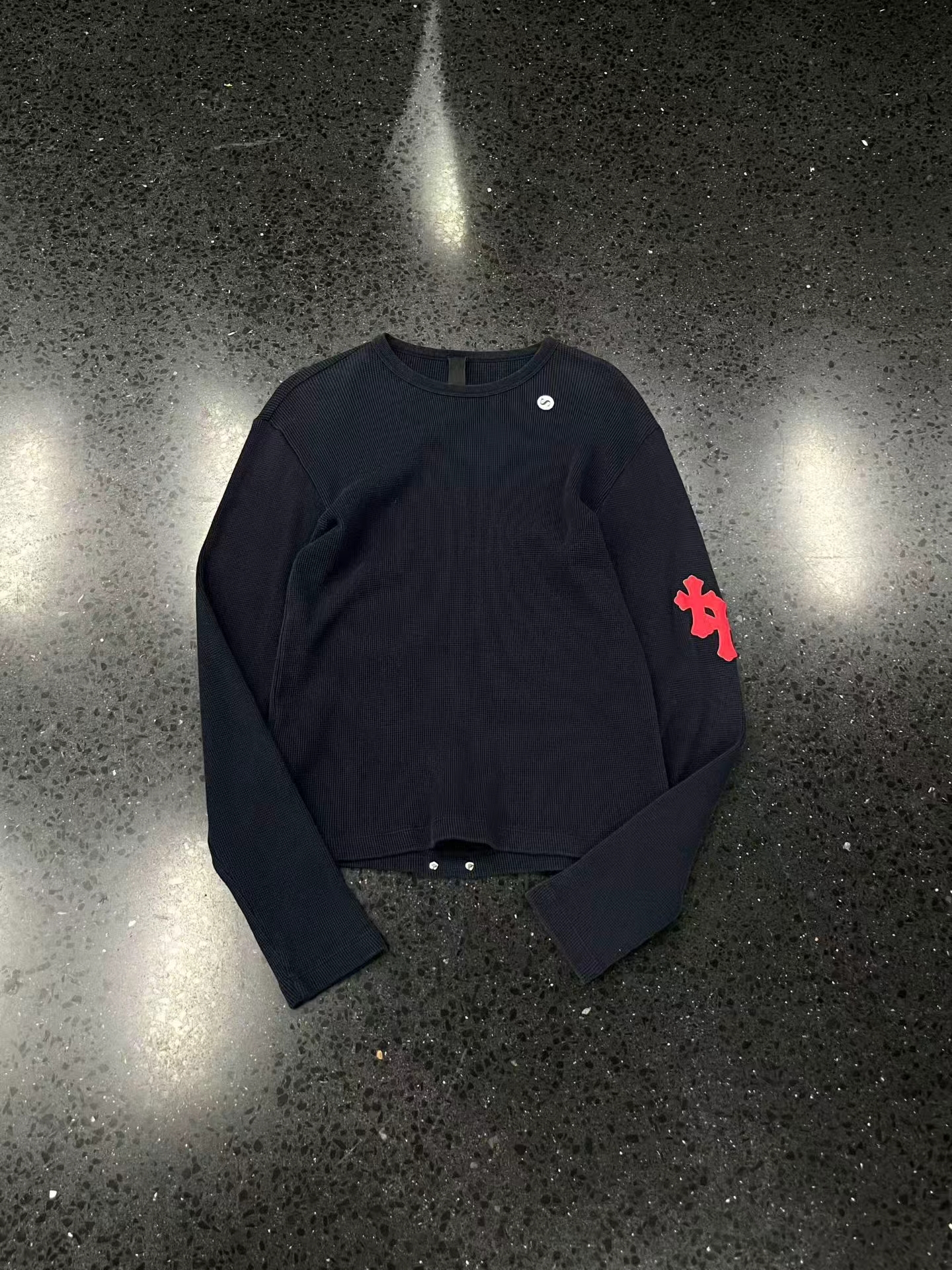 Chrome Hearts cross✝Sticker leather waffle long sleeve navy blue, image 1