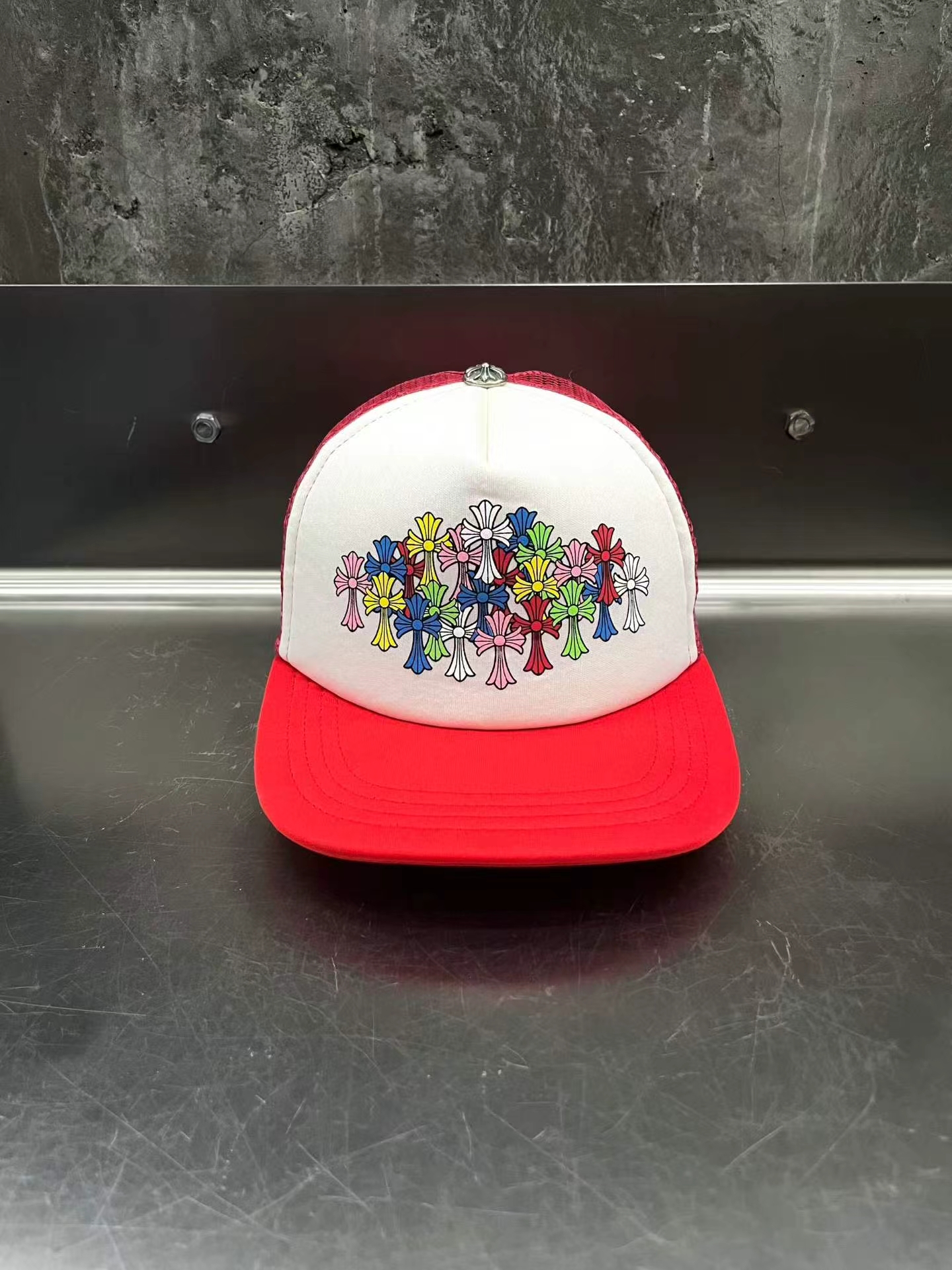 Chrome Hearts rainbow🌈Cross✝Color matching curved eaves hat white and red, image 1